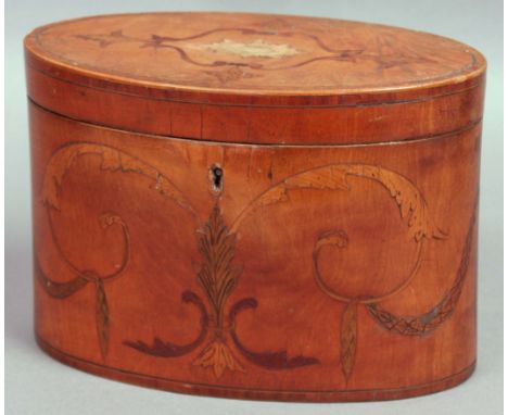 REGENCY SATINWOOD AND INLAID TEA CADDY, of oval form with scrolling neo-classical foliate decoration, length 19cm