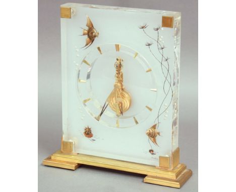 JAEGER LE COULTRE MARINA DESK CLOCK, serial number 352, the lucite and brass body with angel fish design, dagger hour markers