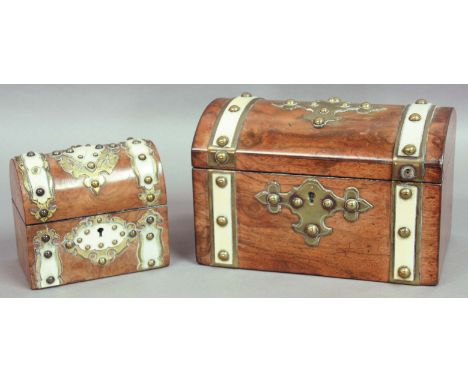 VICTORIAN WALNUT, IVORY AND BRASS BOUND TEA CADDY, of domed form with twin canister interior, length 21cm; and similar jewell