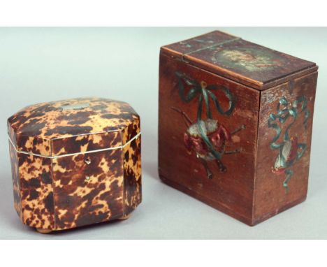GEORGE III BLOND TORTOISESHELL TEA CADDY, of octagonal form on bun feet, height 10cm, width 10.5cm, depth 7.5cm; together wit