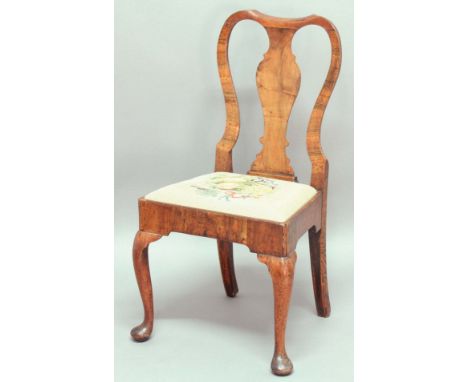 QUEEN ANNE WALNUT DINING CHAIR, with vase shaped splat and tapestry upholstered drop-in seat, height 97cm