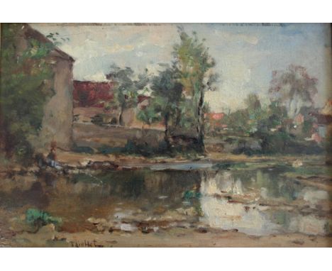 ALEXANDRE THIOLLET (1824-1895) A FISHERMAN BY A COUNTRY POOL Signed, oil on panel 17.5 x 25.5cm. ++ Fine horizontal crack upp