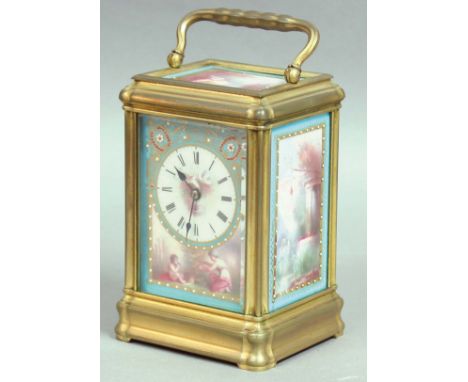 FRENCH BRASS AND PORCELAIN MOUNTED CARRIAGE CLOCK, late 19th century, the dial with black roman numerals on a painted and jew