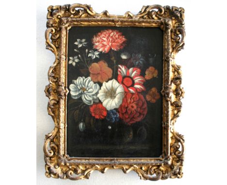 FOLLOWER OF HANS BOLLONGIER (c.1600-c.1675) A BOWL OF ASSORTED BLOOMS UPON A LEDGE Oil on panel, later decorative gilt frame 