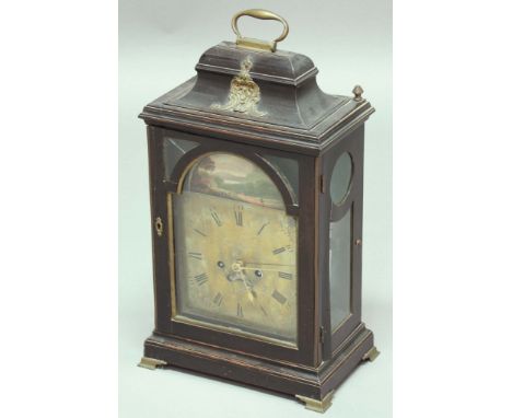 GEORGE III BRACKET CLOCK, the 8" brass dial with date aperture, inscribed George Williams, Bristol, beneath a landscape paint