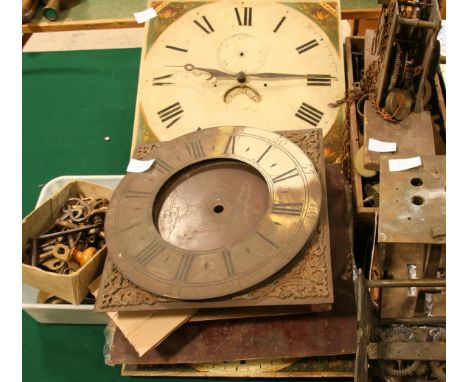 QUANTITY OF LONGCASE CLOCK DIALS together with movements and associated wheels, chains, pulleys, keys etc (parcel).