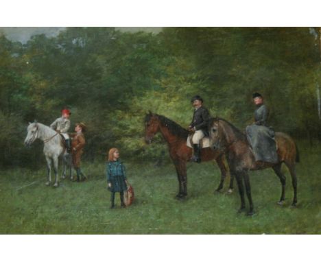 JENO KEMENDY (1860-1925) A FAMILY WITH THEIR HORSES Signed and dated 1890, oil on panel 15 x 22cm. ++ Good condition
