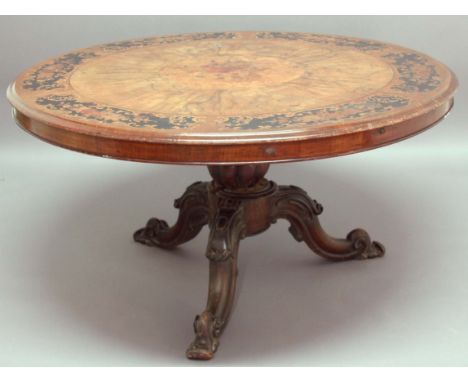 VICTORIAN WALNUT AND INLAID BREAKFAST TABLE, the circular top with a central floral panel inside a walnut band and a border o