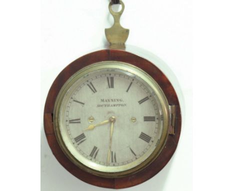 MAHOGANY SEDAN STYLE WALL CLOCK, 19th century, the 3" silvered dial inscribed Manning Southampton on a brass eight day moveme