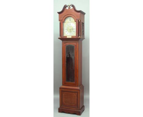 MAHOGANY AND SATINWOOD CROSSBANDED LONGCASE CLOCK, early 20th century, the brass dial inscribed TW Long & Co, Cardiff & Swans