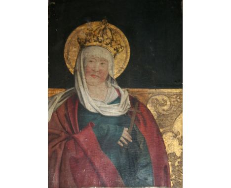 GERMAN (?) SCHOOL, 19th CENTURY ST ELIZABETH OF HUNGARY Oil on canvas laid on panel, a fragment 46.5 x 32.5cm. ++ Craquelure;