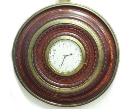 REGENCY SEDAN CLOCK, the enamelled dial with arabic numerals inside a mahogany frame with concentric brass banding and string