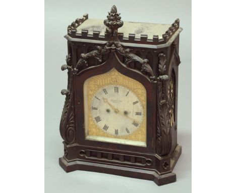 VICTORIAN GOTHIC MANTEL CLOCK, by Barrands and Lund, London, the silvered 7" dial with Gothic style roman numerals and number