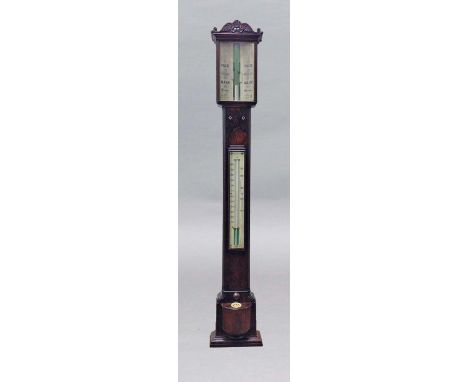 VICTORIAN ROSEWOOD STICK BAROMETER, with scrolling pediment and silvered gauge, the trunk with two key adjustments, thermomet