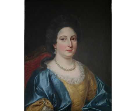 FOLLOWER OF TILLY KETTLE (1735-1786) PORTRAIT OF A LADY Quarter length, wearing a mustard dress and blue mantle, pearl jewell