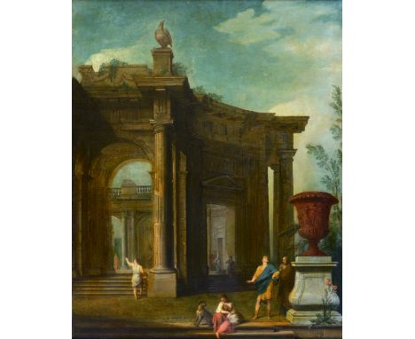 FOLLOWER OF GIOVANNI PAOLO PANINI (1691-1765) FIGURES IN CLASSICAL DRESS AMIDST A CAPRICCIO OF ROMAN RUINS Oil on canvas 88 x