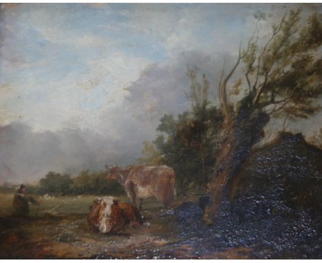 JOHN WILSON Junr (Circa 1850) MAN TENDING TWO COWS AND A GOAT IN A FIELD Signed verso, oil on panel, decorative gilt frame 17