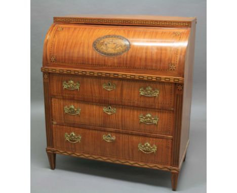 FRENCH LOUIS XVI STYLE SATINWOOD CYLINDER BUREAU, inlaid with Greek key and neo-classical urn decoration above three slightly