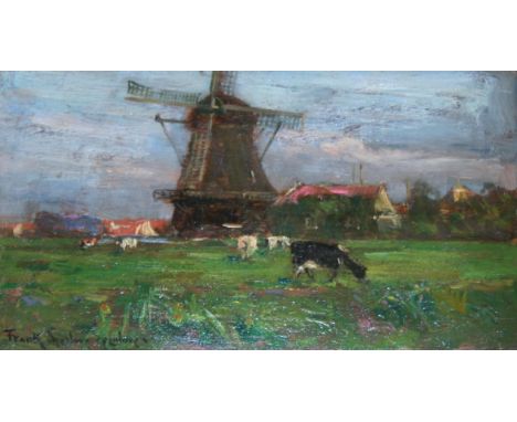 FRANK SPENLOVE-SPENLOVE (1868-1933) CATTLE GRAZING NEAR A WINDMILL Signed, oil on panel 12 x 20.5cm. ++ Good condition