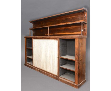 VICTORIAN ROSEWOOD CREDENZA, the galleried top shelf above a further shelf on turned supports, the base with a central pair o