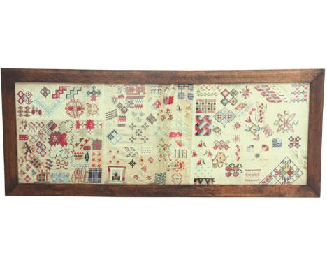 COMPOSITE SAMPLER, early 19th century and later, comprising various panels of mainly geometric designs stitched to make one l
