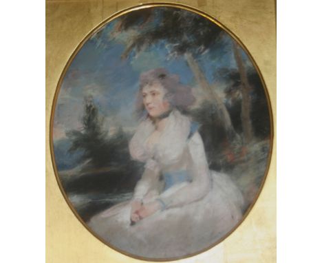 CIRCLE OF SIR THOMAS LAWRENCE, PRA (1769-1830) PORTRAIT OF A LADY Seated, in a glade, half length, wearing a white dress with