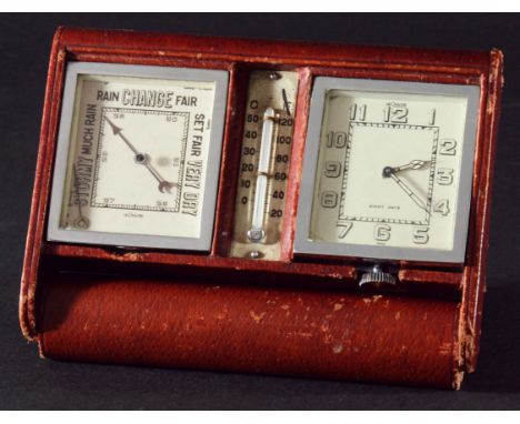 LE COULTRE TRAVELLING CLOCK AND WEATHER STATION in leather folding case.