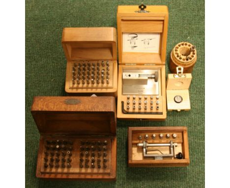 BERGEON NO.3010 WINDING CROWN TOOL cased, together with punch sets, a cased mainspring winder, cased set of spade drills and 