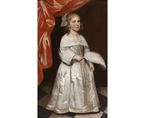 ATTRIBUTED TO HENDRICK BERCKMAN (1629-1679) PORTRAIT OF A GIRL Standing full length, wearing an oyster satin dress with broca