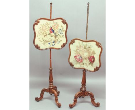 PAIR OF VICTORIAN WALNUT POLE SCREENS, the shaped square screens with tapestry panels on tripod stands, height 156cm (2)