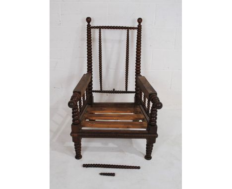 Early Victorian bobbin turned rosewood armchair, one bobbin turned back splat A/F but present, (upholstery project) 63 cm wid