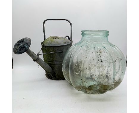 A vintage galvanised 1.5 gallon Watering can, and a glass fluted carboy A/F
