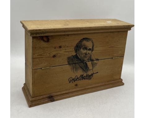 A late 19th century tincture bottle chest for Dr De Waltoff with lifting top and fall front opening to reveal four recesses f