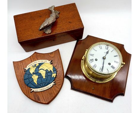 A Vintage mounted brass ships clock, complete with key, a knowledge of the sea plaque, salmon door knocker and a mahogany box