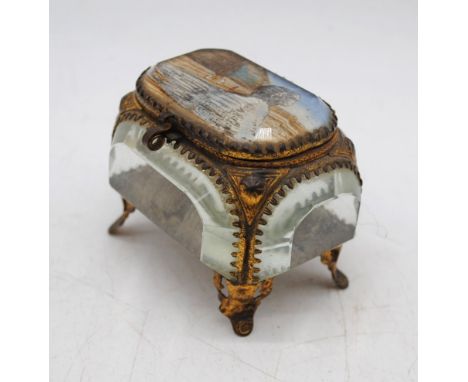 A French glass trinket box, with Egyptian scene to lid - length 8cm, height 6.5cm