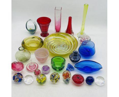 A collection of various art glass vases, bowls and paperweights including Caithness, Mdina, Royal Scot etc