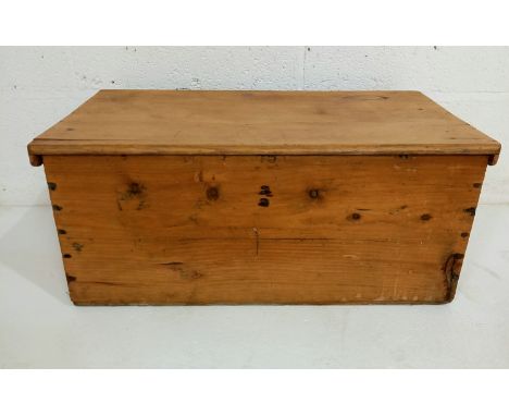 A vintage small pine trunk, with carrying handles, 62 cm wide, 36 cm deep, 26 cm high