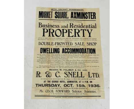 A vintage R&C Snell (Axminster) poster for the sale of a vacant property in "Market Square" Axminster, dated Thursday 15th Oc