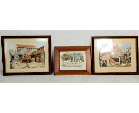 A pair of watercolours by R M Booth of Farmyard scenes with geese, and a signed print of geese by Michael Cooper.
