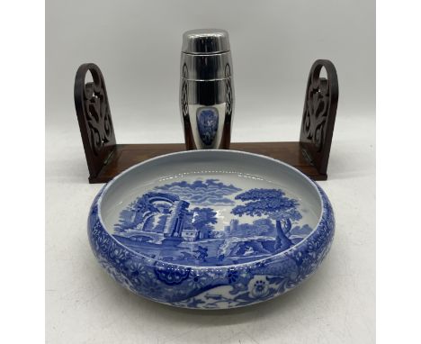 A Copeland Spode Blue Italian bowl, diameter 27cm, height 6cm, along with an adjustable book slide and a cocktail shaker 