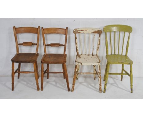 A pair of antique Oxford bar-back chairs, marked 'JW' to back of seats, along with two painted stick-back chairs