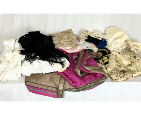 A collection of vintage fabrics, embroidery's, lace, samplers, linens, Eastern examples etc . 
