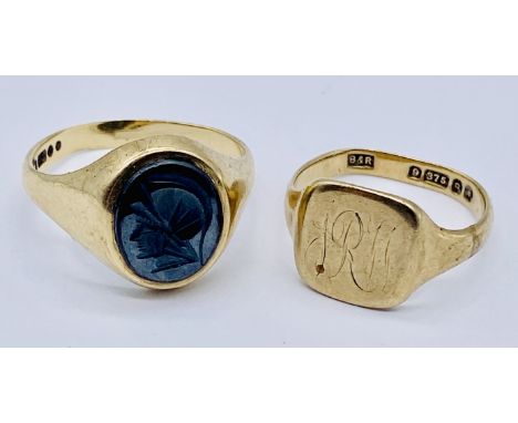 A 9ct gold signet ring (weight 3g) along with one other with a cameo style inset (weight 4.3g)