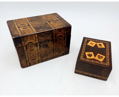 An antique mahogany inlaid card box with a complete set of playing cards, and a Tunbridge ware tea caddy A/F.