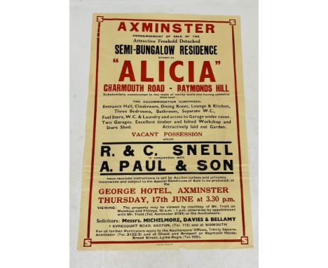 A vintage R&C Snell (Axminster) poster for the sale of "Alicia", Charmouth Road Raymonds Hill, Axminster, dated Thursday 17th