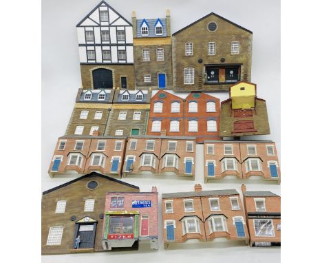 A collection of well-built model railway O gauge building facades including houses, factories, mill, corner shop etc - some m