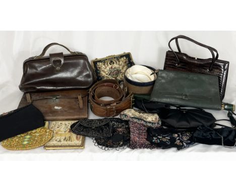 A collection of vintage handbags, belts, fabrics etc.