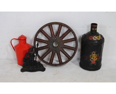 A mixed lot, comprising an antique cart wheel, red enamel jug and cover, floral painted barge-ware jug and a cast iron doorst
