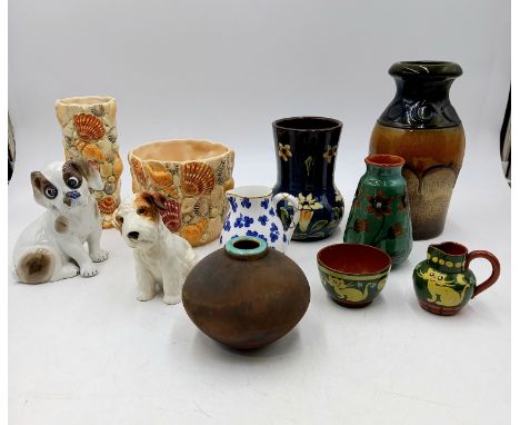 A collection of assorted china to include Sylvac shell vase and planter, West German pottery vase, quantity of Devon pottery,