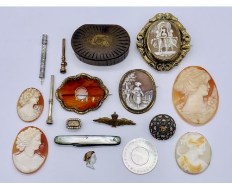A small collection of costume jewellery, snuff box, cameos etc.